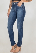Calça Jeans Skinny Feminina Zíper Na Barra Desfiada Cós Alto