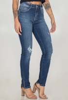 Calça Jeans Skinny Feminina Zíper Na Barra Desfiada Cós Alto