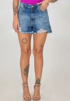 Short Jeans Desfiado Feminino Cintura Alta Com Bolsos Casual