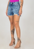 Short Jeans Desfiado Feminino Cintura Alta Com Bolsos Casual