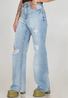 Calça Jeans Wide Leg Feminina Cintura Alta Destroyed Casual