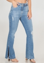 Calça Jeans Flare Feminina Com Fenda Desfiada Cintura Alta