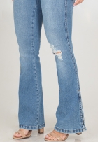 Calça Jeans Flare Feminina Com Fenda Desfiada Cintura Alta