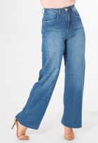 Calça Wide Leg Jeans Feminina Reta Com Bolso Cintura Alta