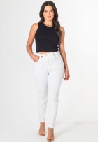 Calça Jeans Feminina Branca Skinny Cargo Cintura Alta Casual